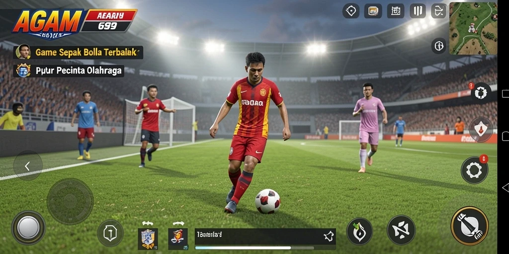 Screenshot gameplay AGAM69 dengan aksi seru di lapangan sepak bola.
