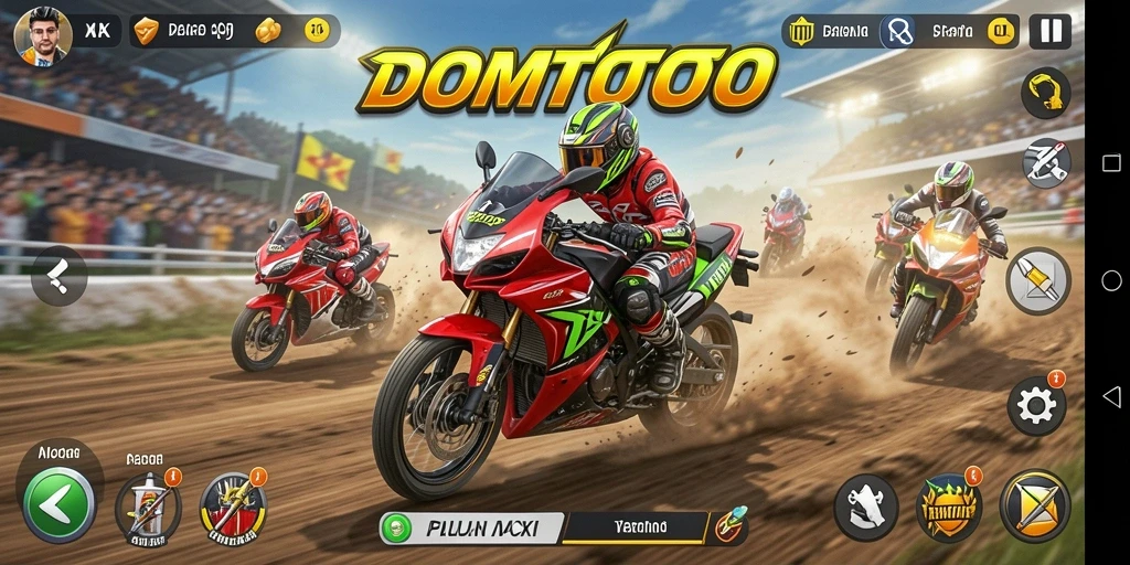 Tampilan seru dari gameplay DOMTOTO dalam balapan motor yang kompetitif.