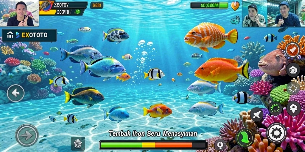 Screenshot utama EXOTOTO menampilkan aksi seru menangkap ikan.