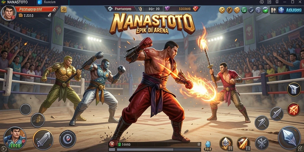 Tampilan gameplay NANASTOTO yang menunjukkan pertarungan seru di arena.