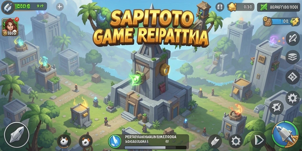 Screenshot gameplay SAPITOTO dengan pertahanan menara yang strategis.