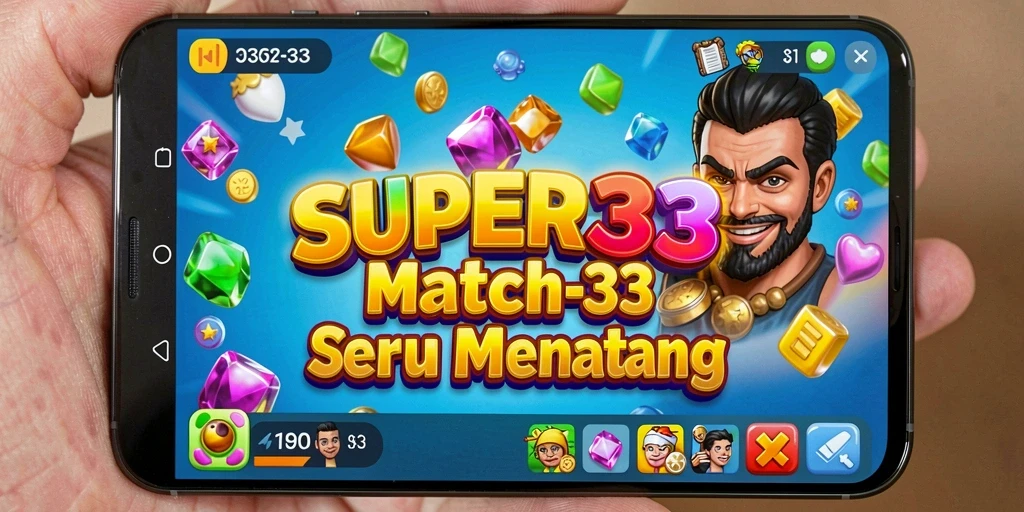 Screenshot gameplay SUPER33 dengan elemen Match-3 yang menarik.