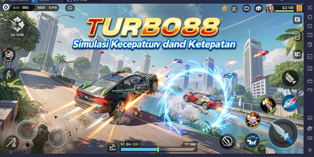 Screenshot utama TURBO88 menunjukkan aksi balapan mendebarkan.